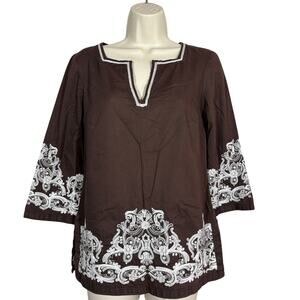 Michael Kors Peasant Top Tunic Embroider 3/4 Sleeve Brown Casual - XS